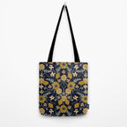 Navy Blue, Turquoise, Cream & Mustard Yellow Dark Floral Pattern Tote Bag Gallery Image 2