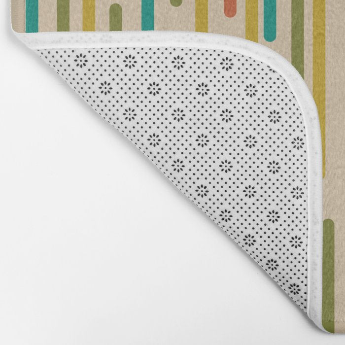 Mid Century Mod Line Dance Pattern in Orange, Teal, Mustard, Olive, and Beige Bath Mat Gallery Image 2