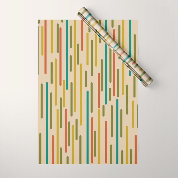 Mid Century Mod Line Dance Pattern in Orange, Teal, Mustard, Olive, and Beige Wrapping Paper Gallery Image 1