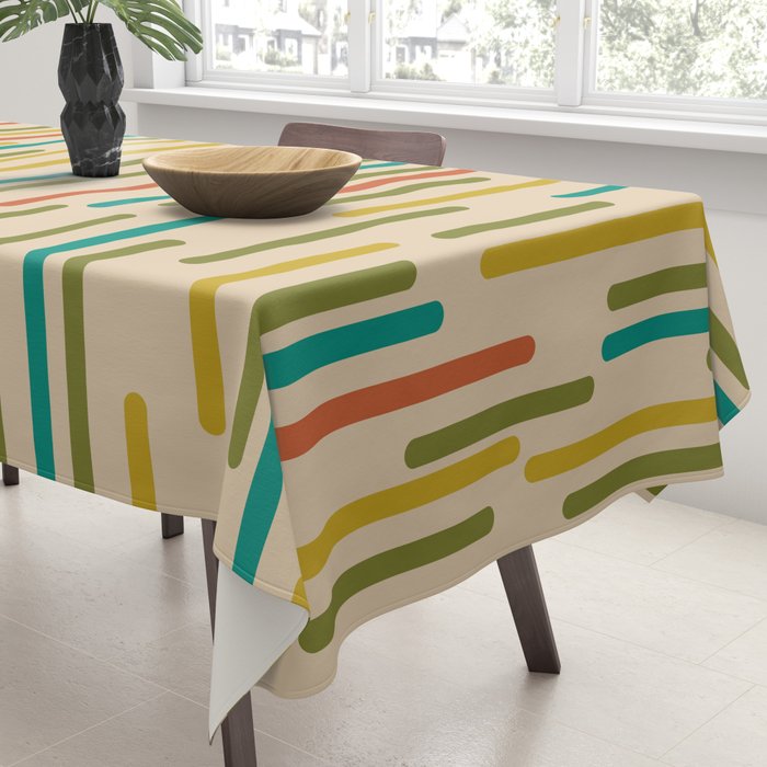 Mid Century Mod Line Dance Pattern in Orange, Teal, Mustard, Olive, and Beige Tablecloth Gallery Image 3