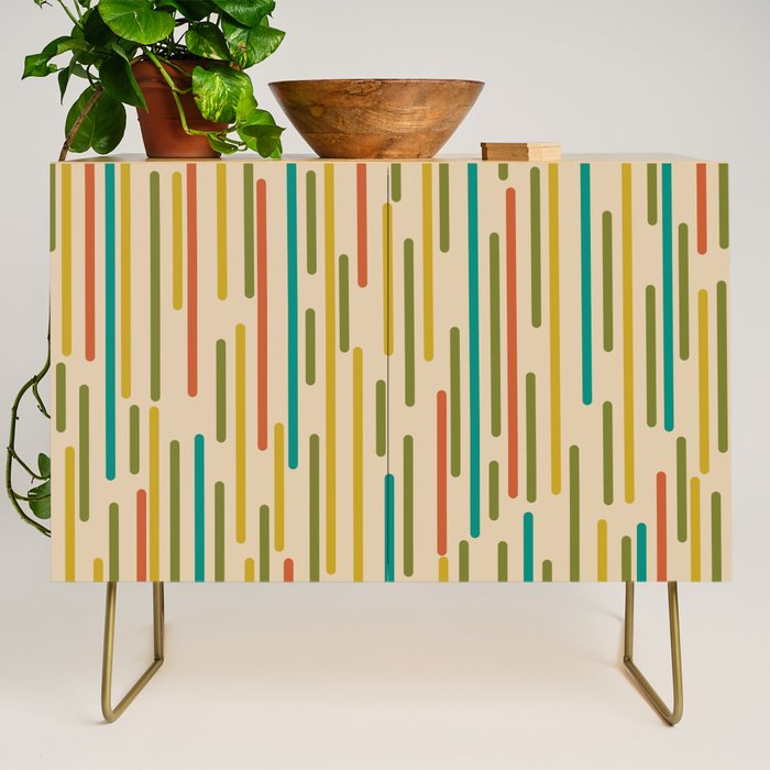 Mid Century Mod Line Dance Pattern in Orange, Teal, Mustard, Olive, and Beige Credenza Gallery Image 1