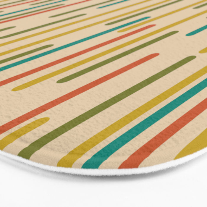 Mid Century Mod Line Dance Pattern in Orange, Teal, Mustard, Olive, and Beige Bath Mat Gallery Image 3