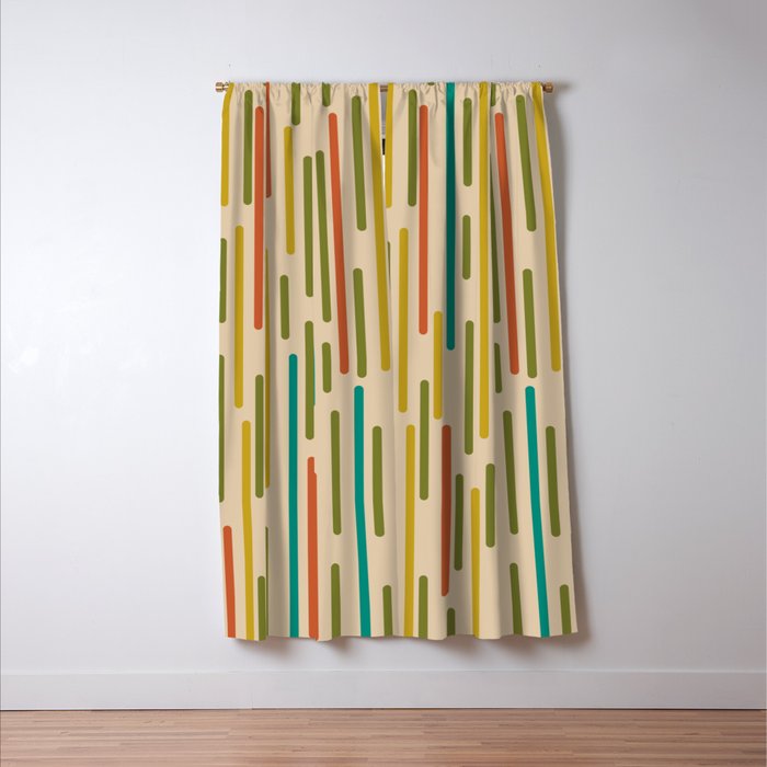 Mid Century Mod Line Dance Pattern in Orange, Teal, Mustard, Olive, and Beige Window Curtain Gallery Image 3