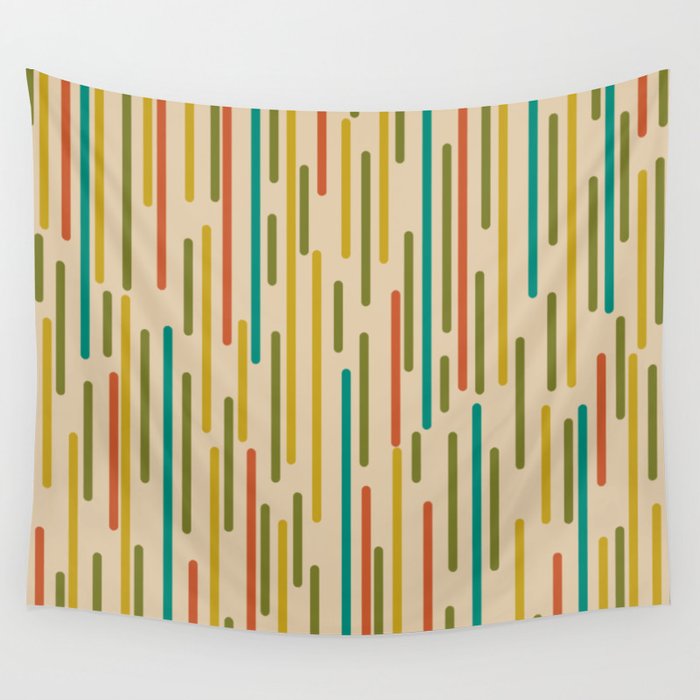 Mid Century Mod Line Dance Pattern in Orange, Teal, Mustard, Olive, and Beige Wall Tapestry Gallery Image 4