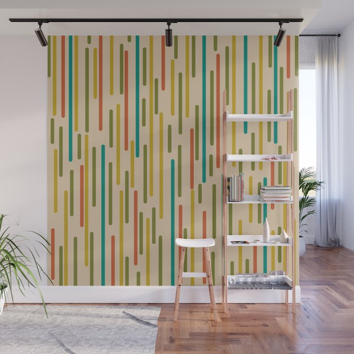 Mid Century Mod Line Dance Pattern in Orange, Teal, Mustard, Olive, and Beige Wall Mural Gallery Image 1