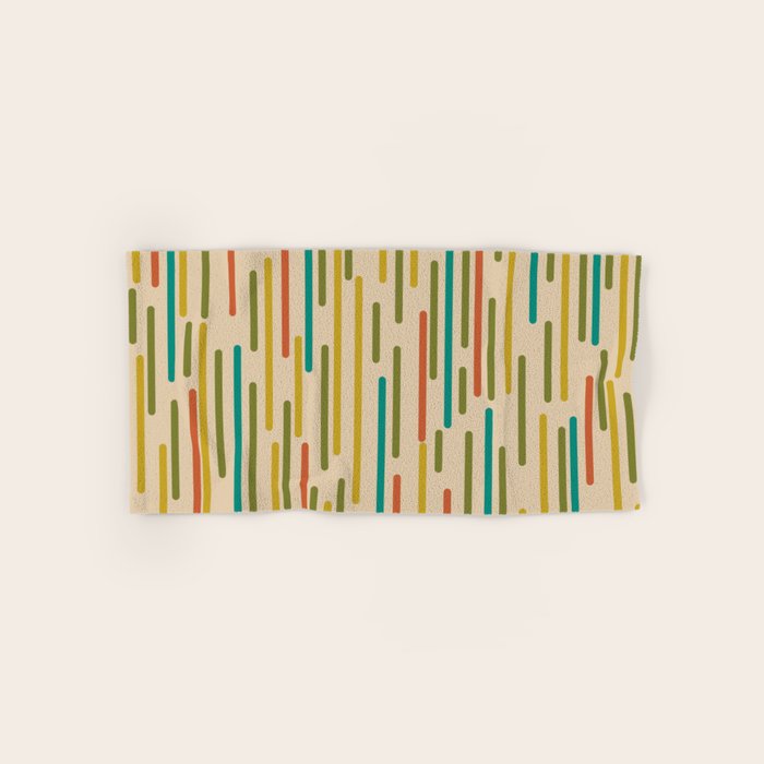 Mid Century Mod Line Dance Pattern in Orange, Teal, Mustard, Olive, and Beige Bath Towel Gallery Image 1