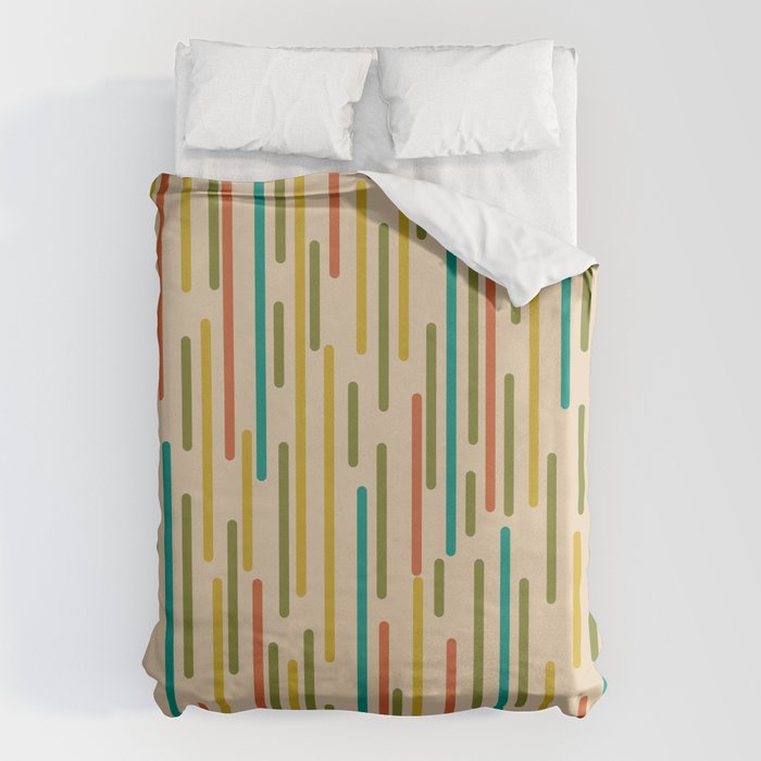 Mid Century Mod Line Dance Pattern in Orange, Teal, Mustard, Olive, and Beige Duvet Cover Gallery Image 1