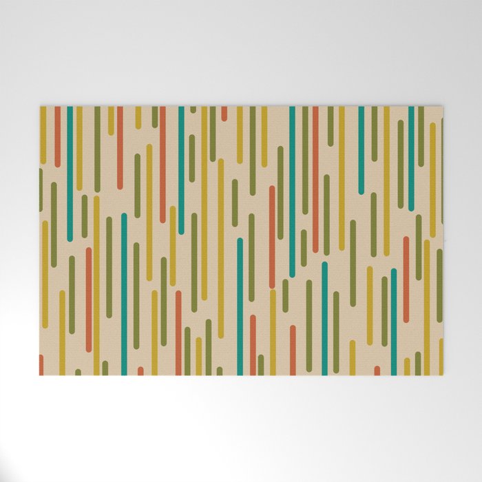 Mid Century Mod Line Dance Pattern in Orange, Teal, Mustard, Olive, and Beige Welcome Mat Gallery Image 1