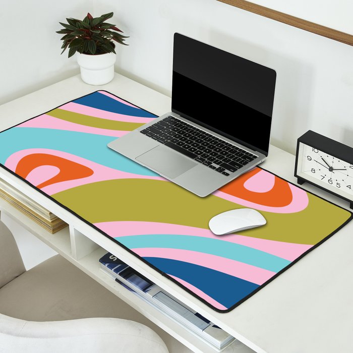 Retro Abstract New Groove Trippy Boho Pattern Multicolored on Pink Desk Mat Gallery Image 2