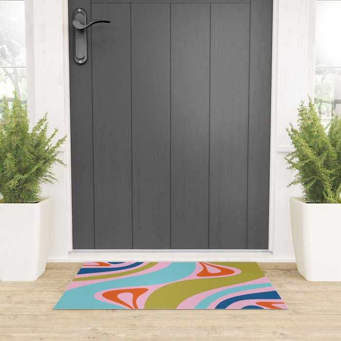 Retro Abstract New Groove Trippy Boho Pattern Multicolored on Pink Welcome Mat Gallery Image 3