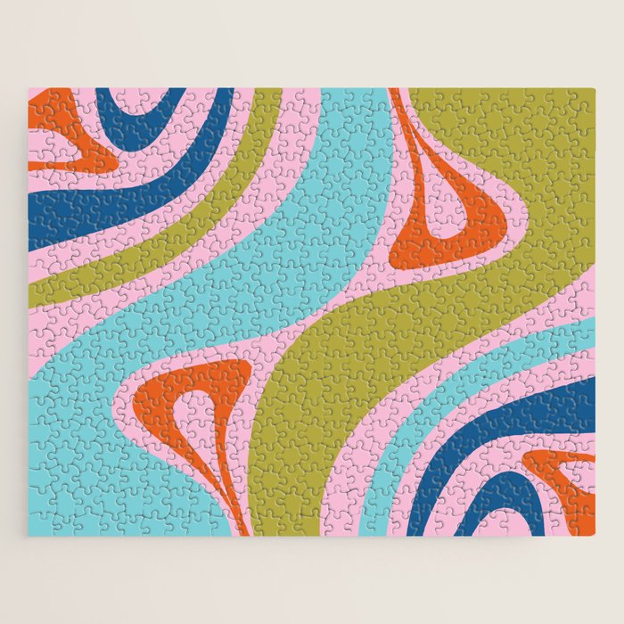 Retro Abstract New Groove Trippy Boho Pattern Multicolored on Pink Jigsaw Puzzle Gallery Image 1