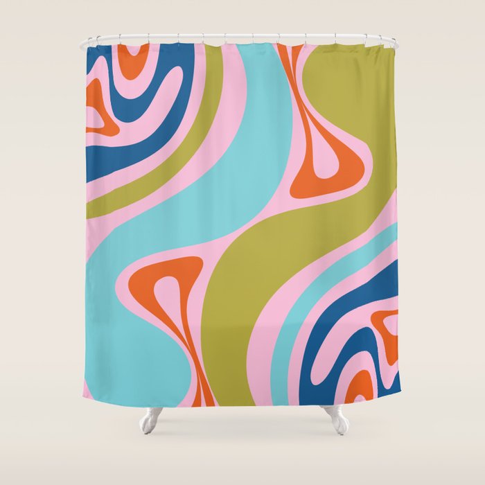 Retro Abstract New Groove Trippy Boho Pattern Multicolored on Pink Shower Curtain Gallery Image 1