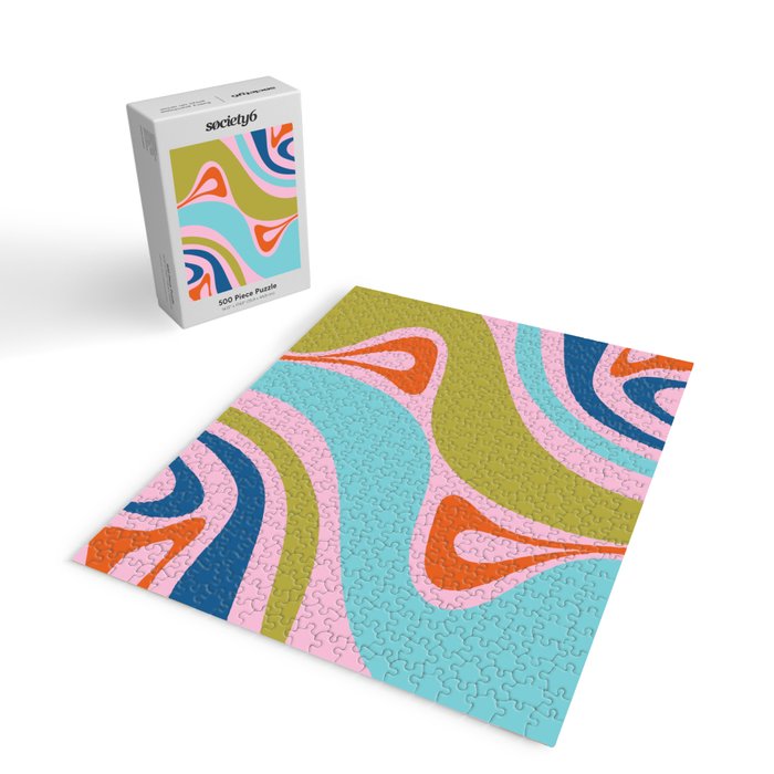 Retro Abstract New Groove Trippy Boho Pattern Multicolored on Pink Jigsaw Puzzle Gallery Image 2