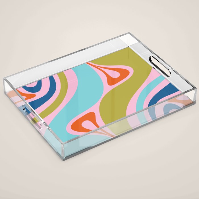 Retro Abstract New Groove Trippy Boho Pattern Multicolored on Pink Acrylic Tray Gallery Image 1