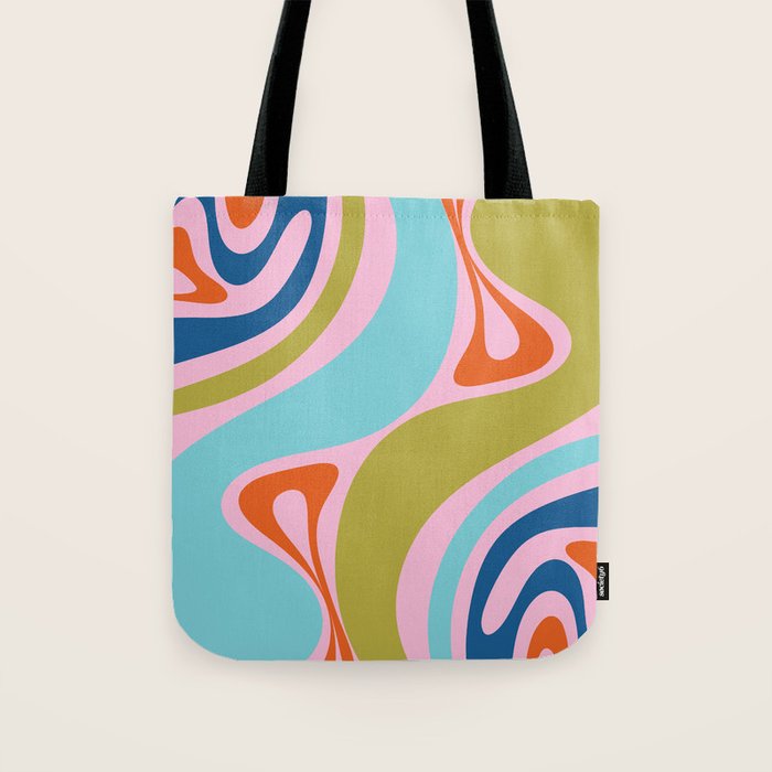 Retro Abstract New Groove Trippy Boho Pattern Multicolored on Pink Tote Bag Gallery Image 1