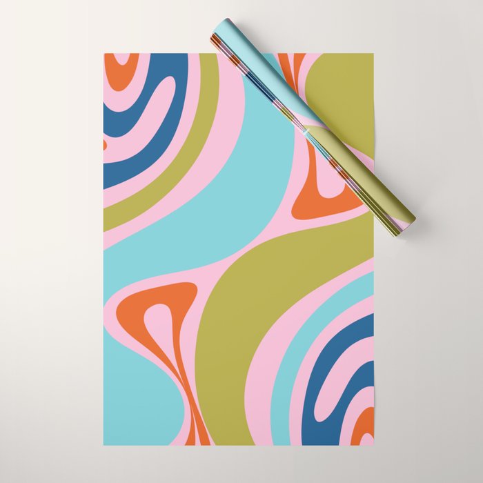 Retro Abstract New Groove Trippy Boho Pattern Multicolored on Pink Wrapping Paper Gallery Image 1