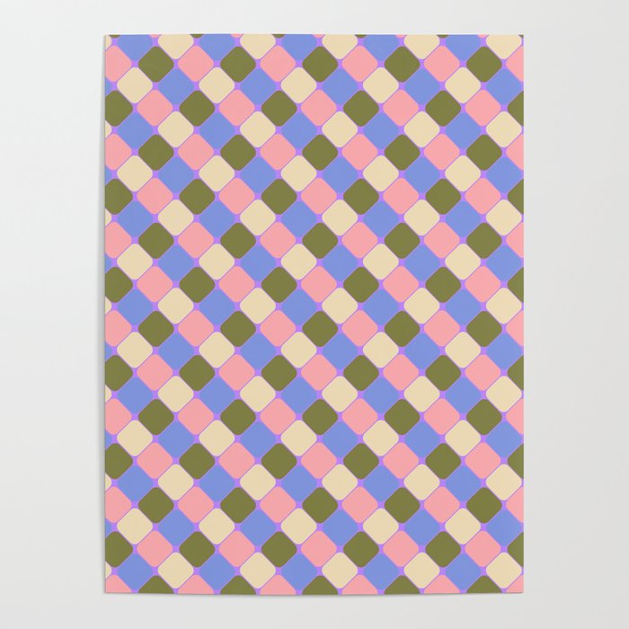 Checkered Geometric Shapes - Very Peri, Blue, Olive, Pink and Cream  Poster Gallery Image 1