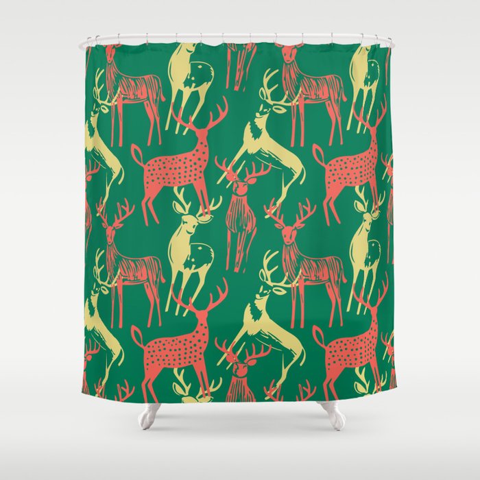 Green christmas reindeer animal pattern Shower Curtain Gallery Image 1