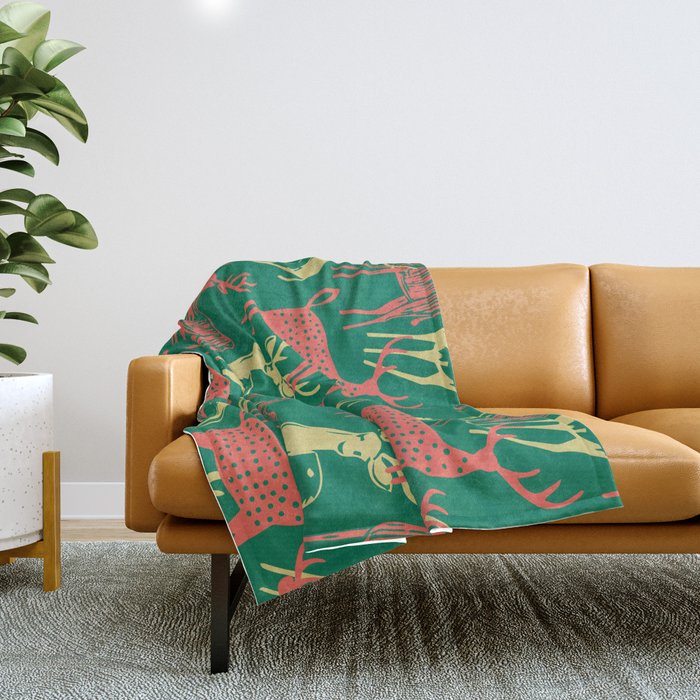 Green christmas reindeer animal pattern Throw Blanket Gallery Image 1