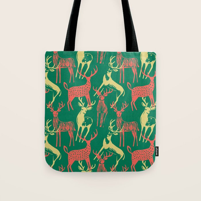 Green christmas reindeer animal pattern Tote Bag Gallery Image 1