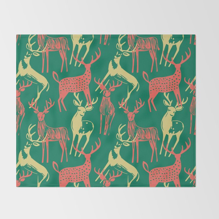 Green christmas reindeer animal pattern Throw Blanket Gallery Image 2