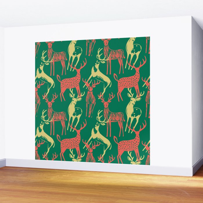 Green christmas reindeer animal pattern Wall Mural Gallery Image 2