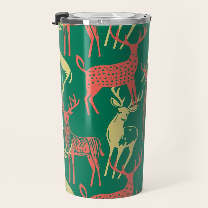 Green christmas reindeer animal pattern Travel Mug Gallery Image 3