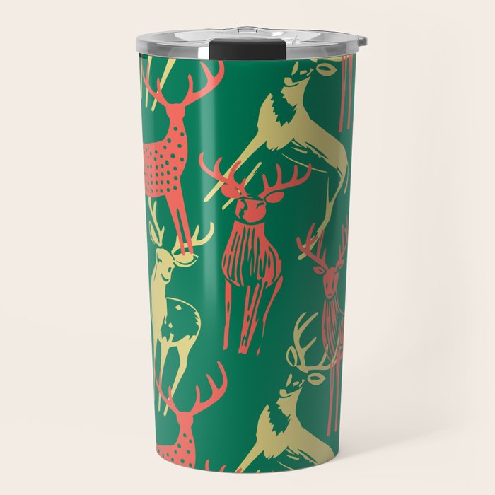 Green christmas reindeer animal pattern Travel Mug Gallery Image 1