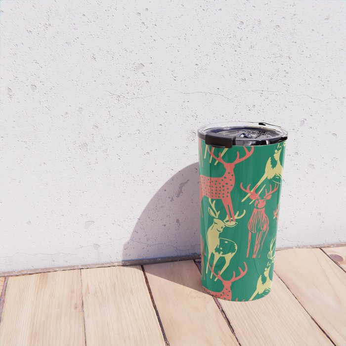 Green christmas reindeer animal pattern Travel Mug Gallery Image 4