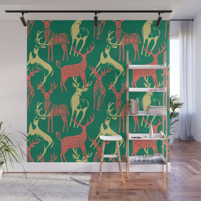 Green christmas reindeer animal pattern Wall Mural Gallery Image 1