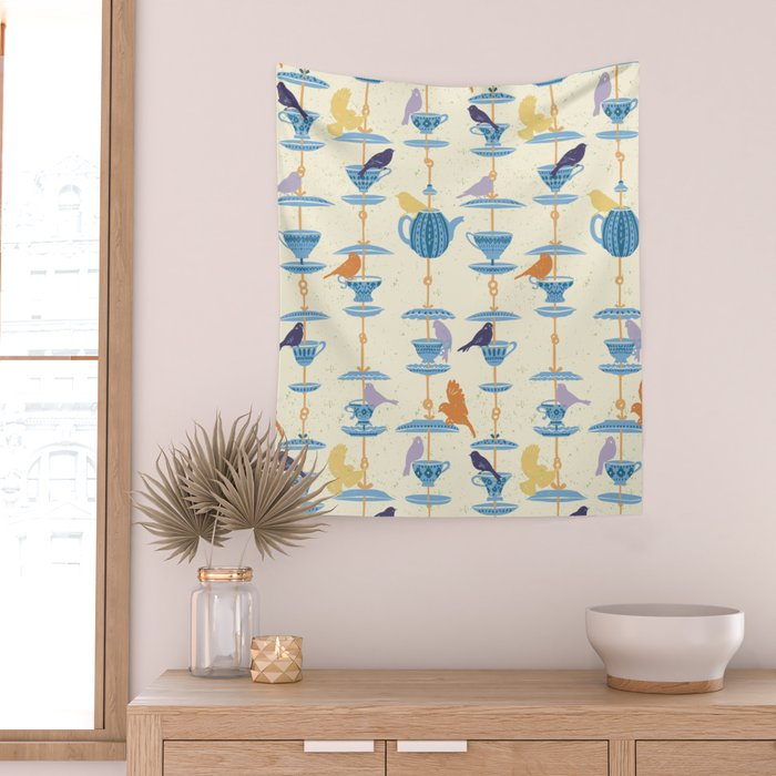 Garden Bird feeding antique white Wall Tapestry Gallery Image 2