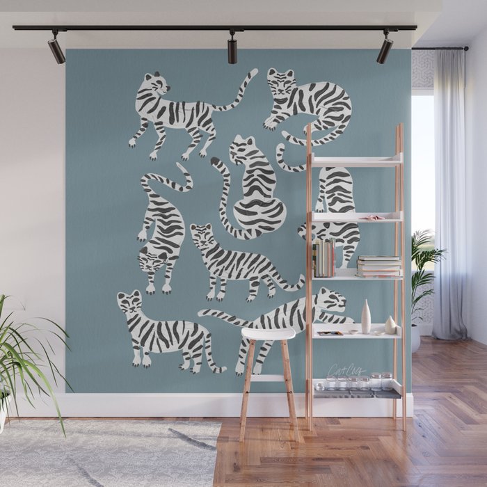 Tiger Collection - White on Blue Wall Mural Gallery Image 1