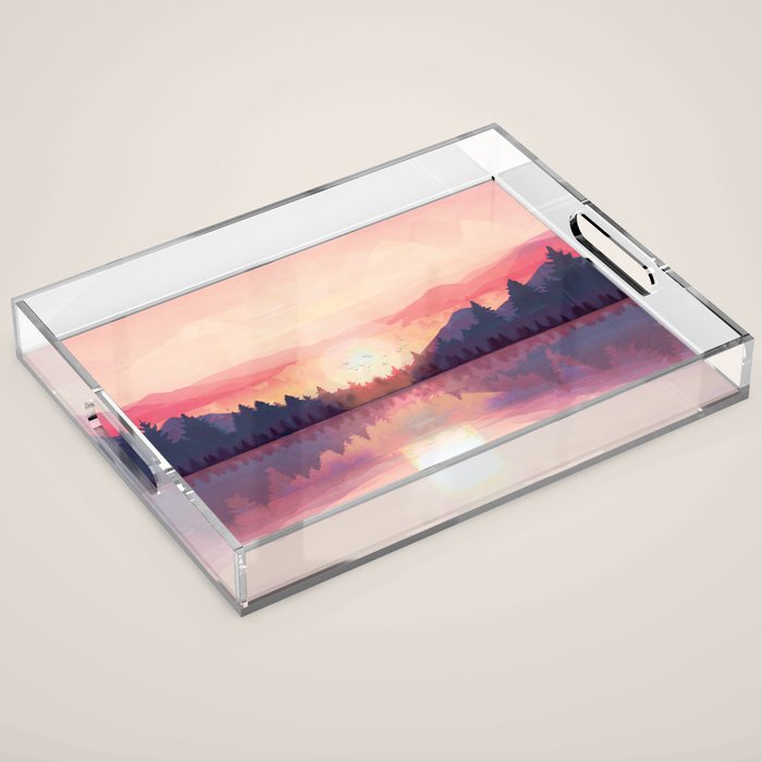 Morning Sunshine over the Peaceful Mountain Lake Acrylic Tray Gallery Image 1