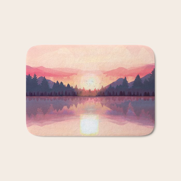 Morning Sunshine over the Peaceful Mountain Lake Bath Mat Gallery Image 1