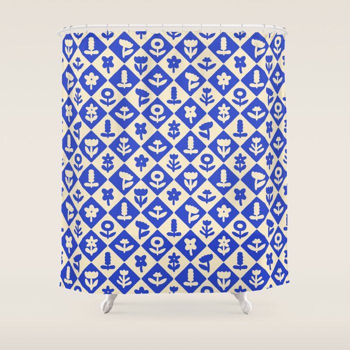 Vintage geometric blue flower art pattern Shower Curtain Gallery Image 1
