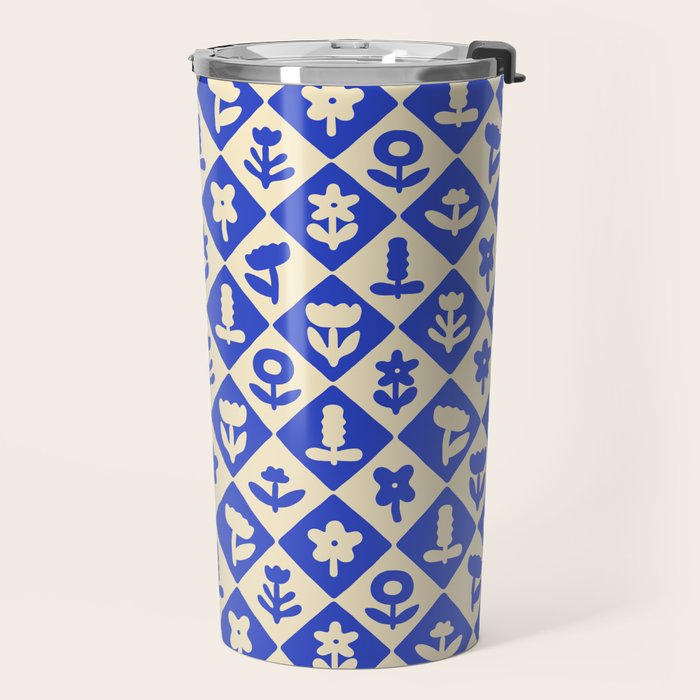 Vintage geometric blue flower art pattern Travel Mug Gallery Image 2