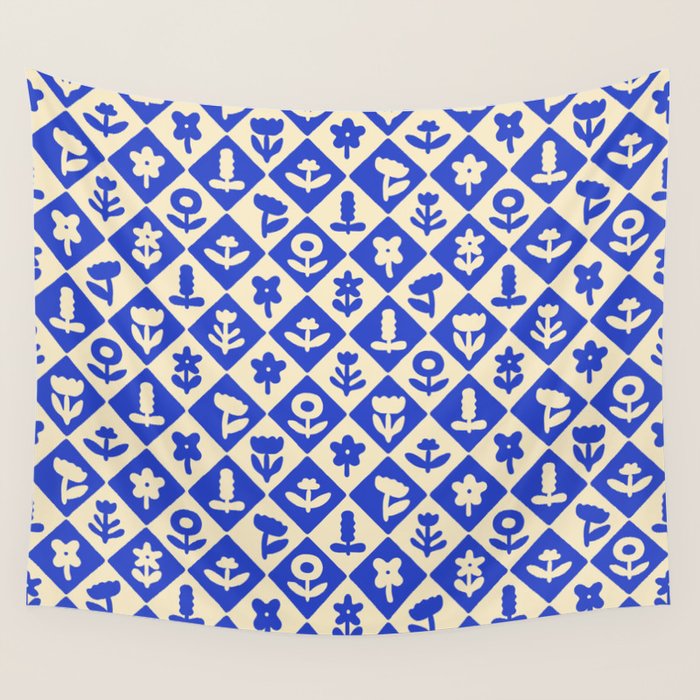 Vintage geometric blue flower art pattern Wall Tapestry Gallery Image 1