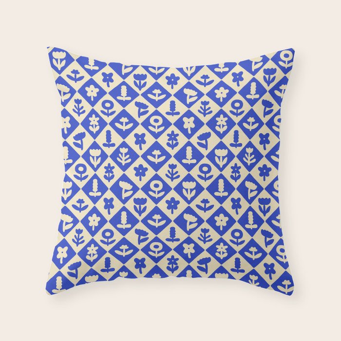 Vintage geometric blue flower art pattern Throw Pillow Gallery Image 6