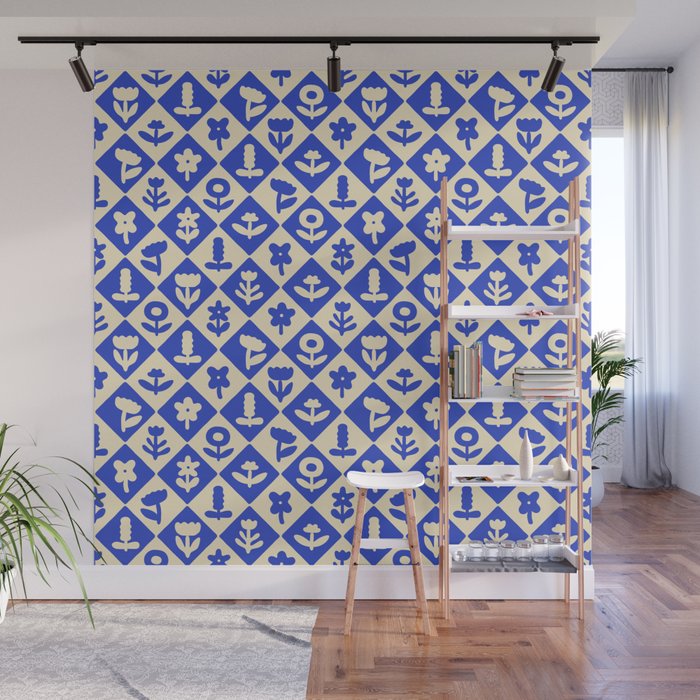 Vintage geometric blue flower art pattern Wall Mural Gallery Image 1