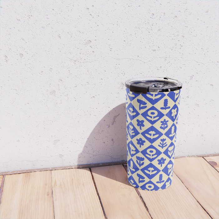 Vintage geometric blue flower art pattern Travel Mug Gallery Image 4
