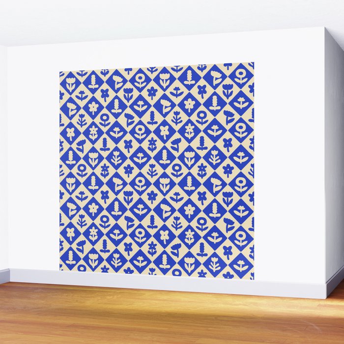 Vintage geometric blue flower art pattern Wall Mural Gallery Image 2