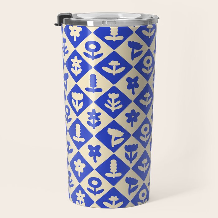 Vintage geometric blue flower art pattern Travel Mug Gallery Image 3