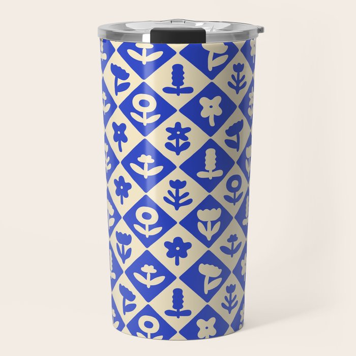 Vintage geometric blue flower art pattern Travel Mug Gallery Image 1