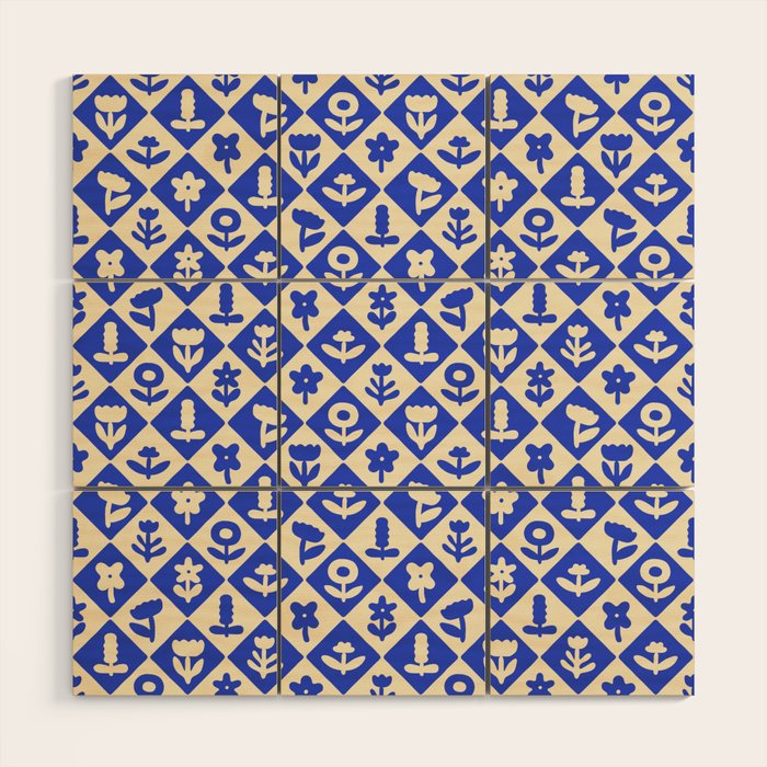 Vintage geometric blue flower art pattern Wood Wall Art Gallery Image 1