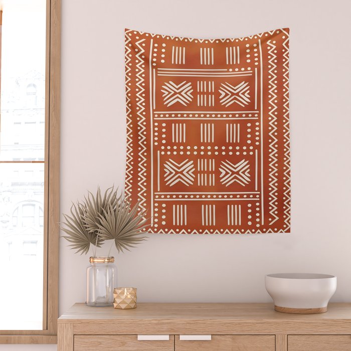 Geometric Tribal Pattern on Terracotta Wall Tapestry Gallery Image 2