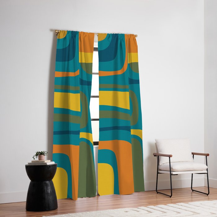 Palm Springs Midcentury Modern Abstract in Moroccan Mustard, Orange, Olive, Blue, and Teal Window Curtain Gallery Image 2