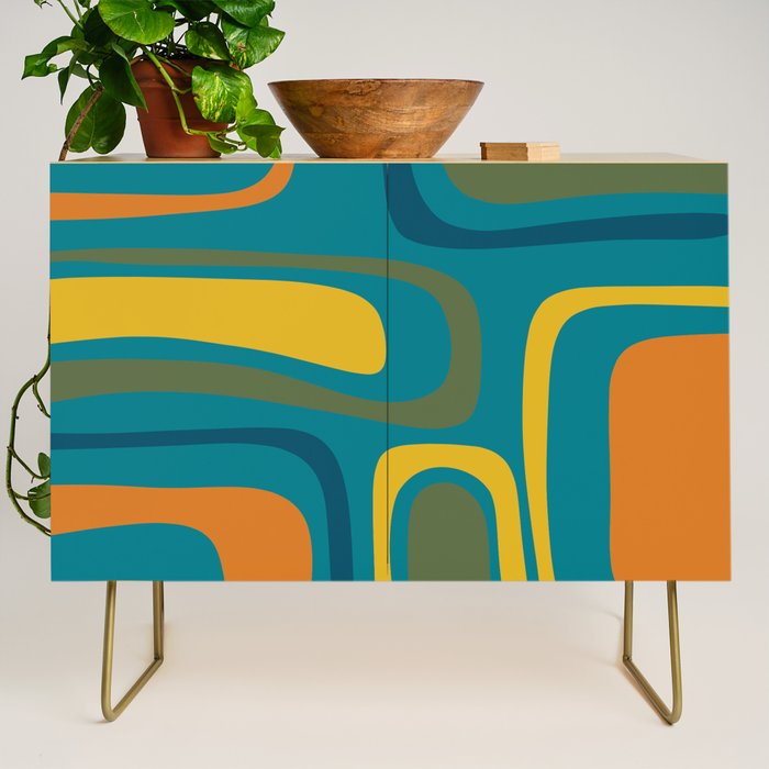 Palm Springs Midcentury Modern Abstract in Moroccan Mustard, Orange, Olive, Blue, and Teal Credenza Gallery Image 1