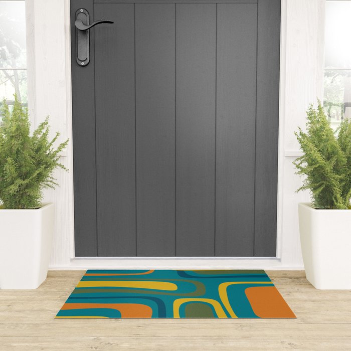 Palm Springs Midcentury Modern Abstract in Moroccan Mustard, Orange, Olive, Blue, and Teal Welcome Mat Gallery Image 3