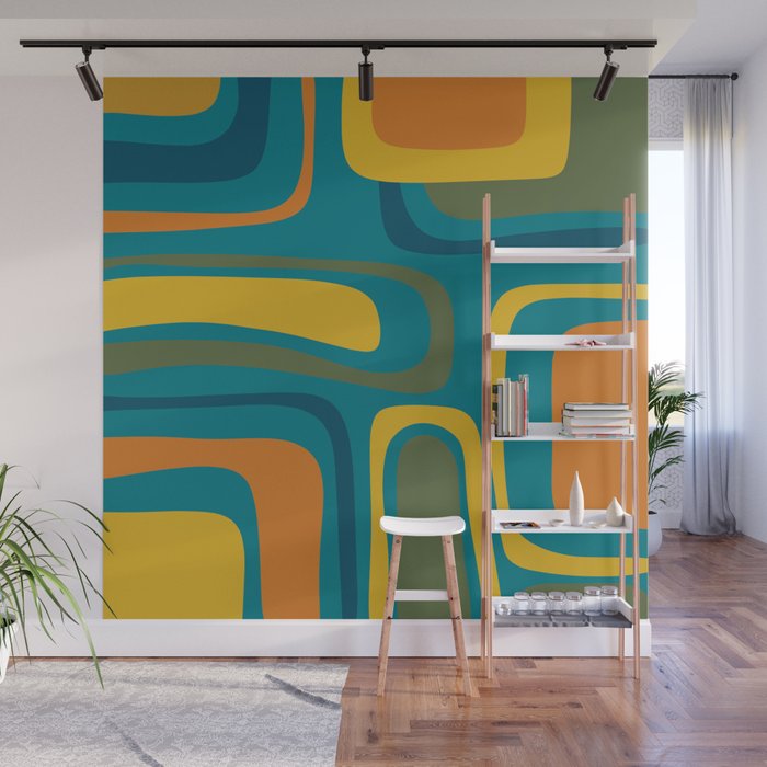 Palm Springs Midcentury Modern Abstract in Moroccan Mustard, Orange, Olive, Blue, and Teal Wall Mural Gallery Image 1