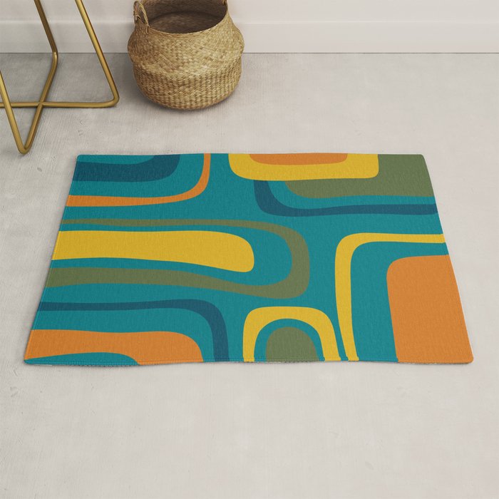 Palm Springs Midcentury Modern Abstract in Moroccan Mustard, Orange, Olive, Blue, and Teal Rug Gallery Image 1